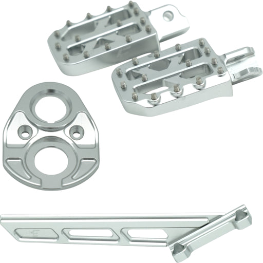 Silver aluminum motorcycle footpegs, mount plate, and bracket on white background.