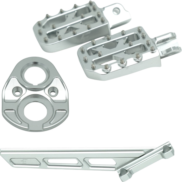 Silver aluminum motorcycle footpegs, mount plate, and bracket on white background.