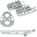 Silver aluminum motorcycle footpegs, mount plate, and bracket on white background.
