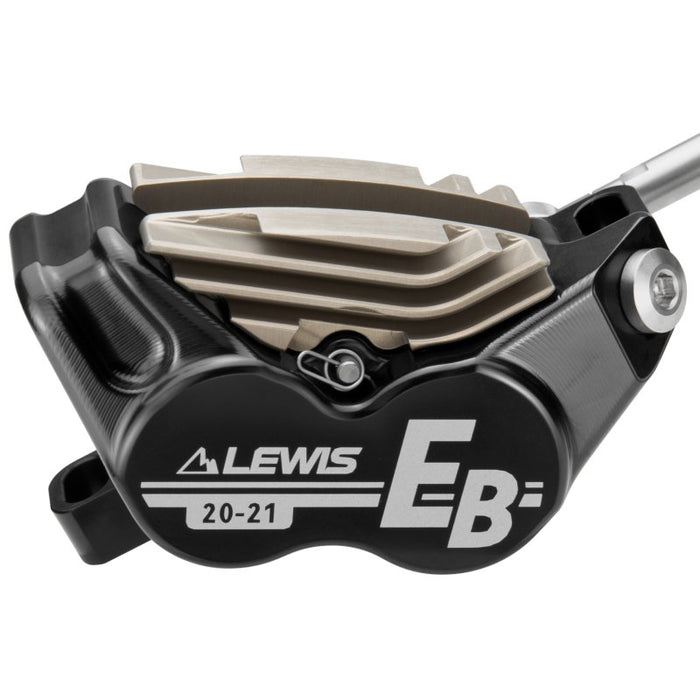 Electric bike hydraulic brake caliper with cooling fins and Lewis branding