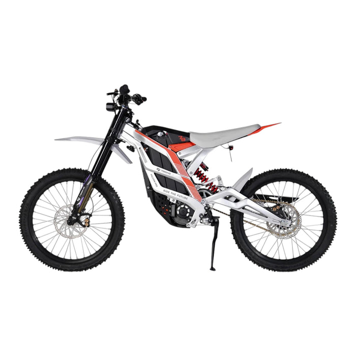 White and red electric dirt bike with knobby tires on a white background.