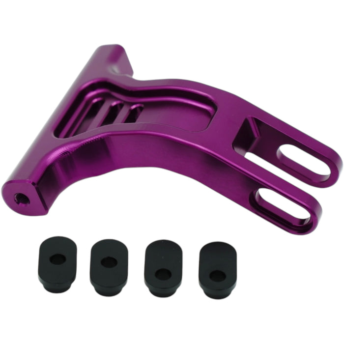 Purple anodized scooter brake caliper bracket with four black rubber grommets