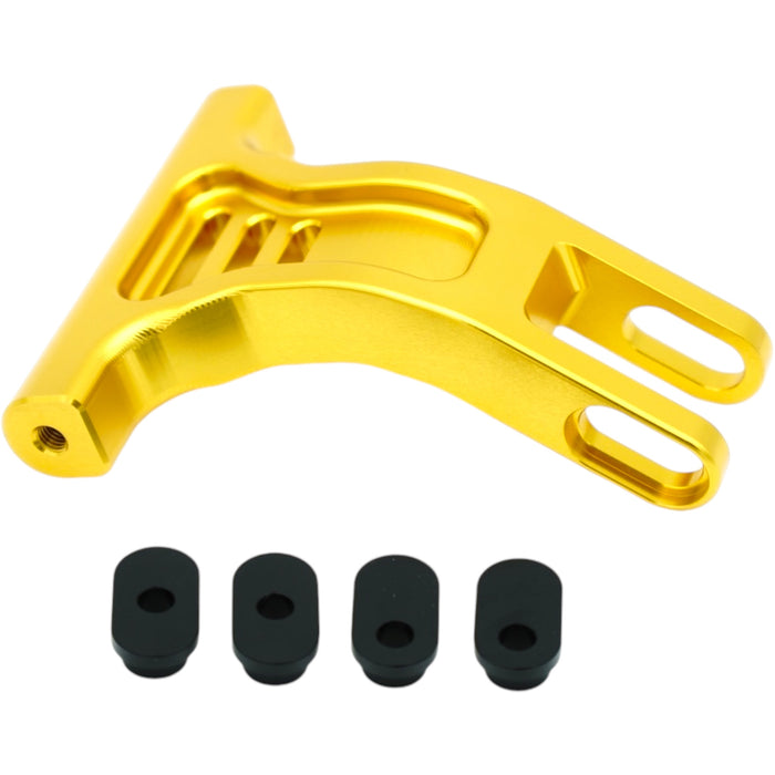Gold anodized motorcycle chain adjuster arm with four black rubber bushings