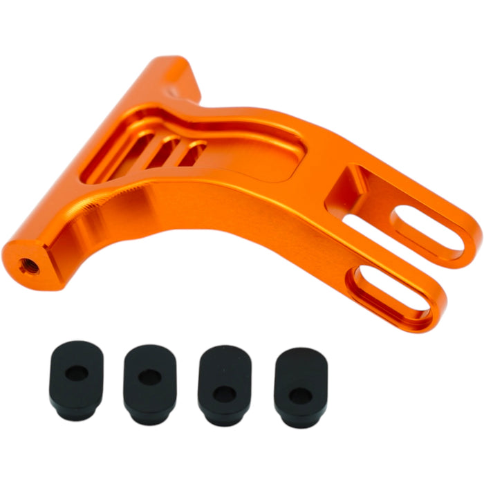 Orange anodized motorcycle chain tensioner bracket with four black rubber bushings