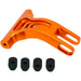 Orange anodized motorcycle chain tensioner bracket with four black rubber bushings