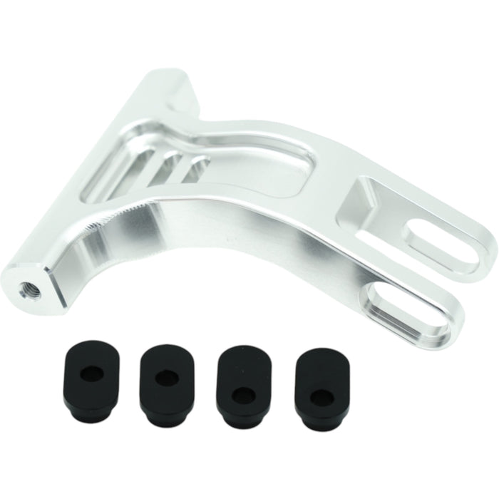 Silver anodized motorcycle chain tensioner bracket with four black rubber bushings