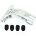 Silver anodized motorcycle chain tensioner bracket with four black rubber bushings