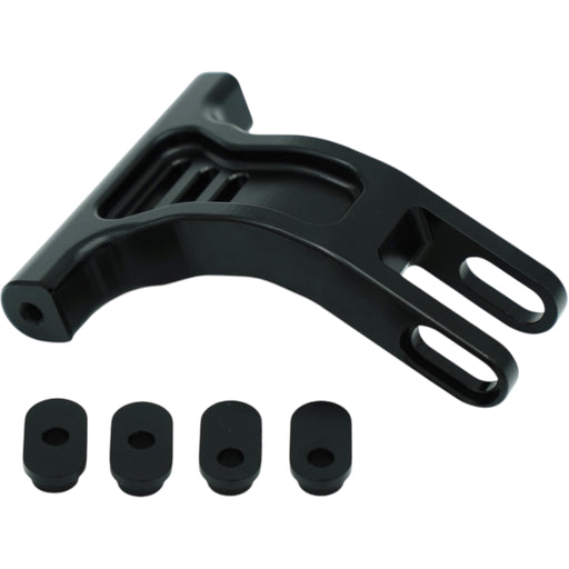 Black metal motorcycle bracket with four small rubber mounting pads on white background