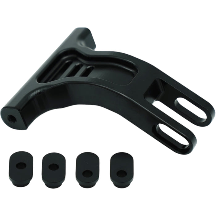 Black metal motorcycle bracket with four small rubber mounting pads on white background