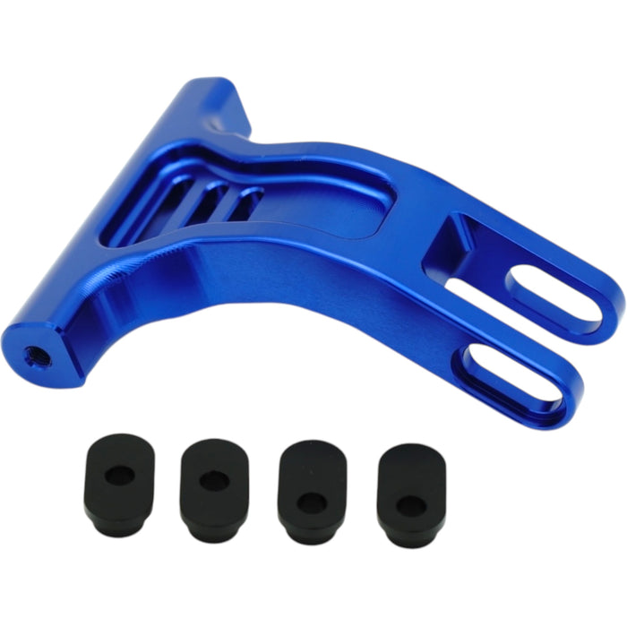Blue anodized aluminum motorcycle chain tensioner bracket with four rubber bushings