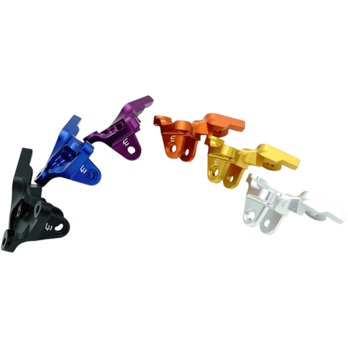 Array of anodized scooter brake/throttle mounting brackets in multiple colors
