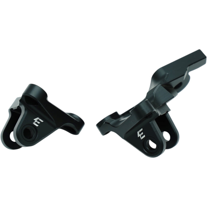 Black anodized CNC brake caliper mounts for motorcycle with EmotoWorld logo