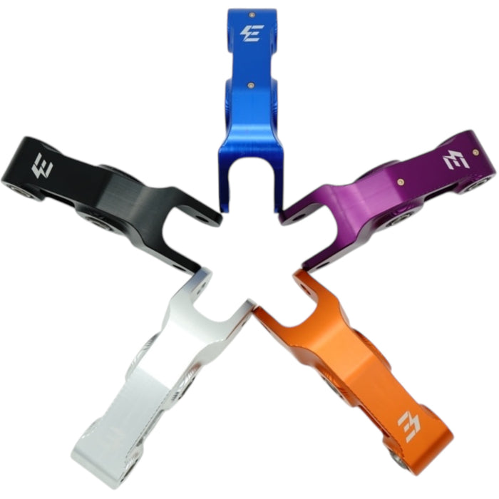 Anodized aluminum triple clamp yokes in black, blue, purple, orange, silver