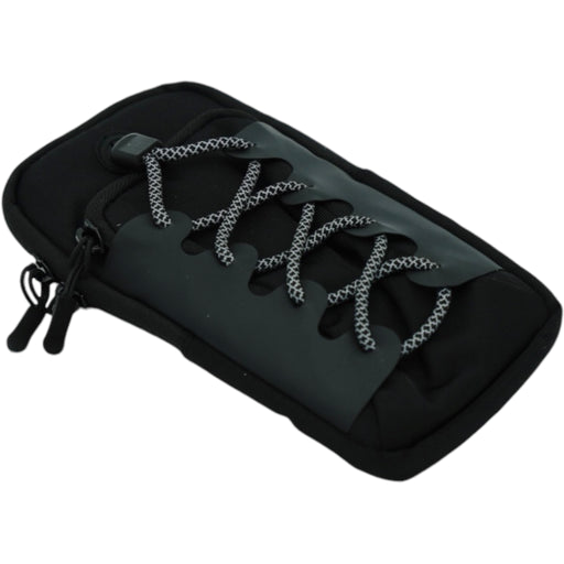 Black neoprene phone pouch with elastic lace and double zipper pull
