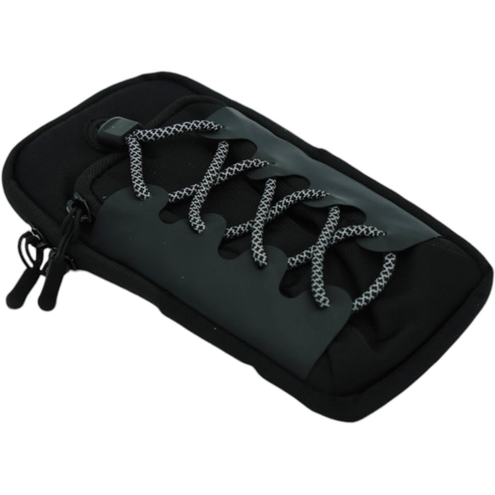 Black neoprene phone pouch with elastic lace and double zipper pull