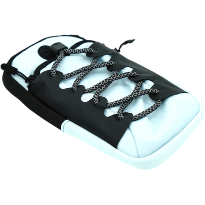 Light blue motorcycle tool pouch with black lace-up cover and zipper