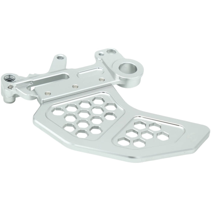White  CNC chain guide with honeycomb cutouts and mounting bracket