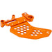 Orange CNC chain guide with honeycomb cutouts and mounting bracket