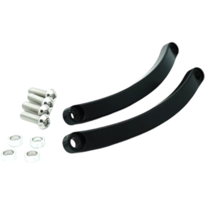 Black aluminum fork protectors with mounting bolts for dirt bike front forks