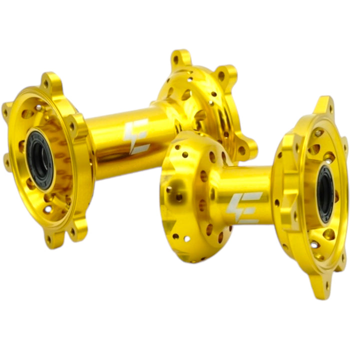 Gold anodized front and rear wheel hubs for e-bike, high‑polish CNC design