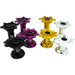 Anodized motorcycle wheel hubs in black, purple, gold, and silver colors