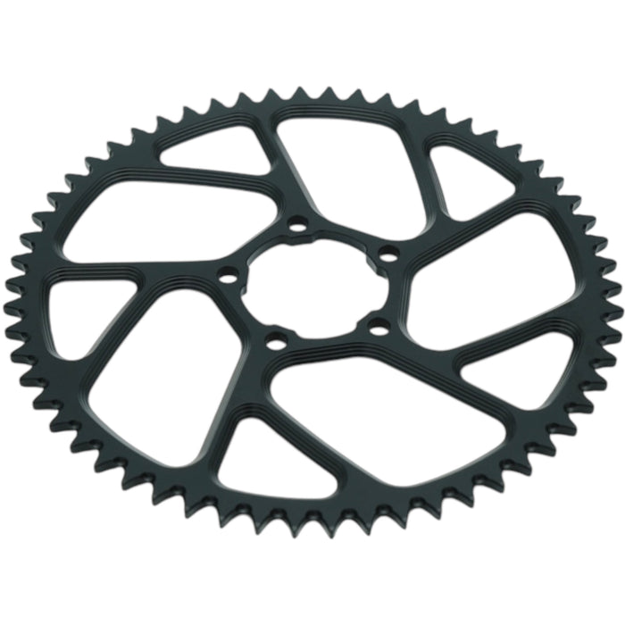 Black anodized bicycle sprocket gear with cutouts on white background.