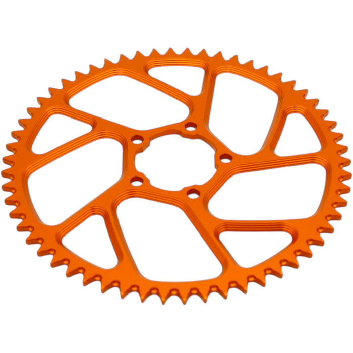 Orange anodized motorcycle sprocket with cutouts and teeth on white background
