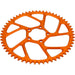 Orange anodized motorcycle sprocket with cutouts and teeth on white background