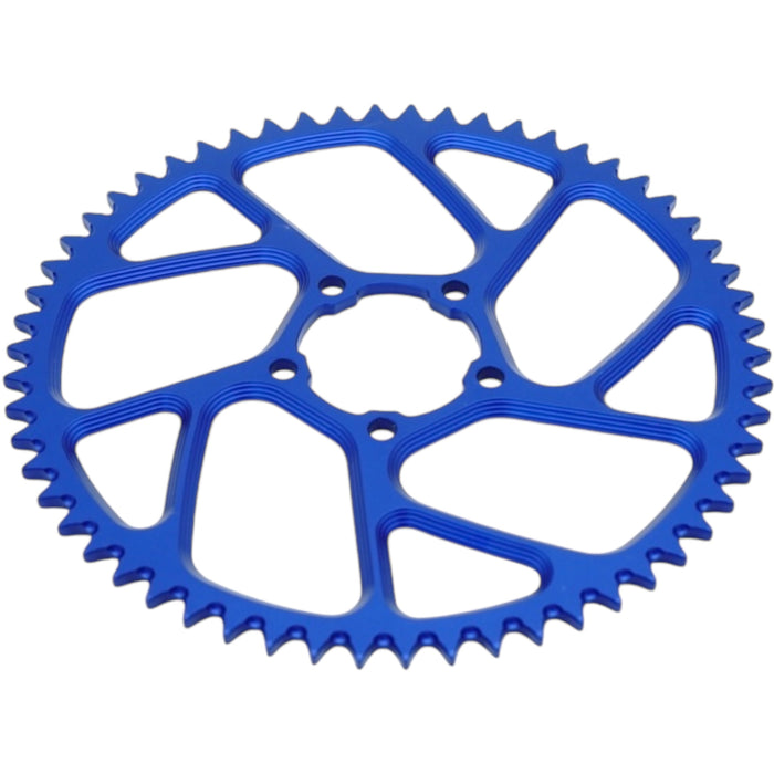 Blue anodized bicycle sprocket gear with cutouts on white background.