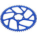 Blue anodized bicycle sprocket gear with cutouts on white background.