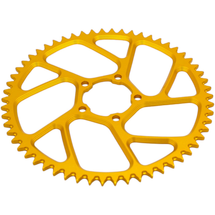 Gold anodized bicycle sprocket gear with cutouts on white background.