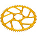 Gold anodized bicycle sprocket gear with cutouts on white background.