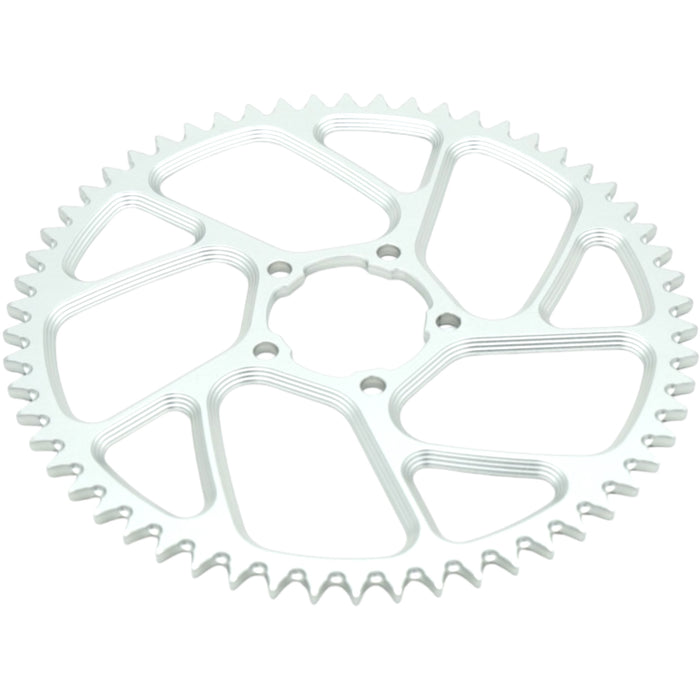 Silver anodized bicycle sprocket gear with cutouts on white background.