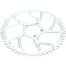 Silver anodized bicycle sprocket gear with cutouts on white background.