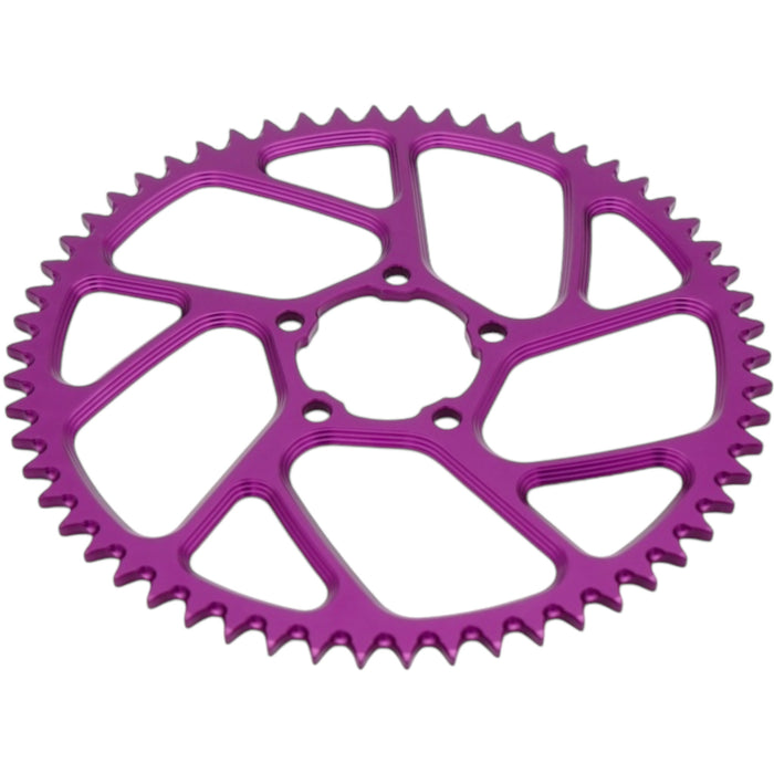 Purple anodized motorcycle sprocket with cutouts and teeth on white background