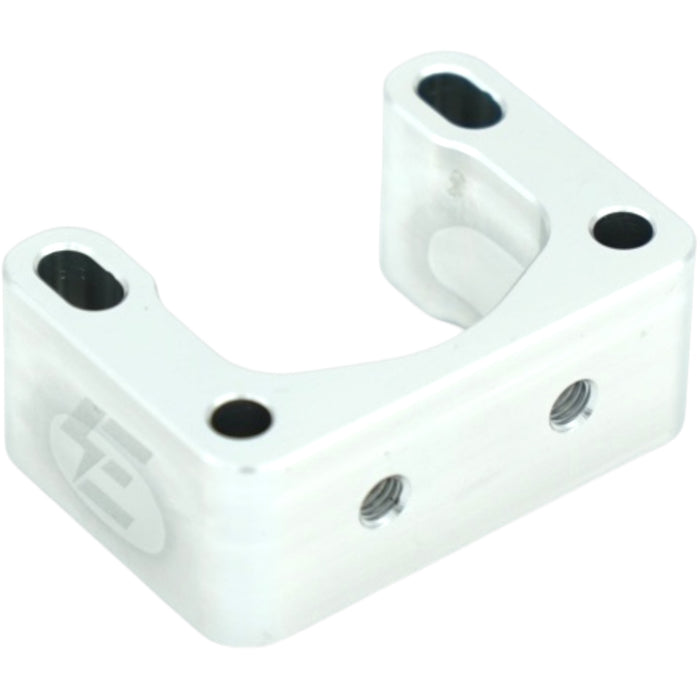 Silver metal handlebar riser with threaded holes and logo on white background.