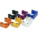 Six colorful metal handlebar risers in black, purple, blue, orange, gold, and silver.