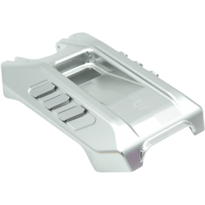 Silver metallic motorcycle battery cover with sleek design on white background