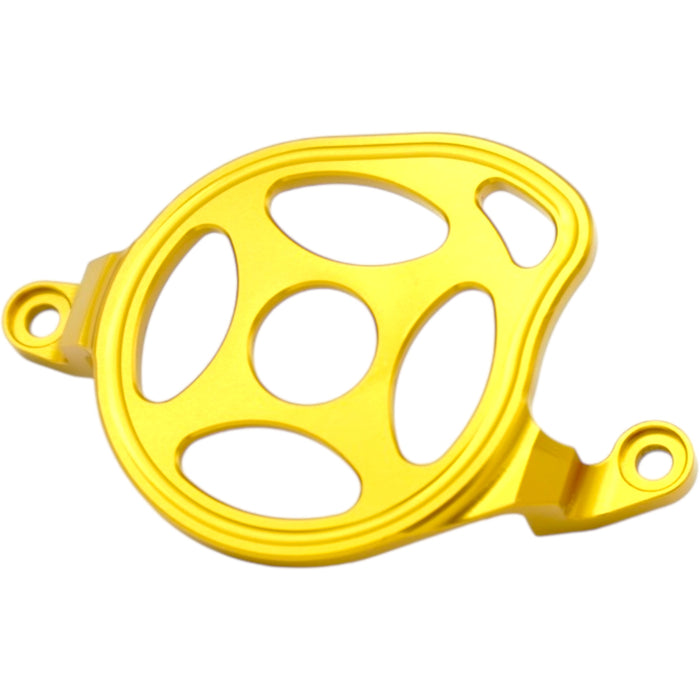 Gold anodized metal circular guard with cutouts and two mounting holes.