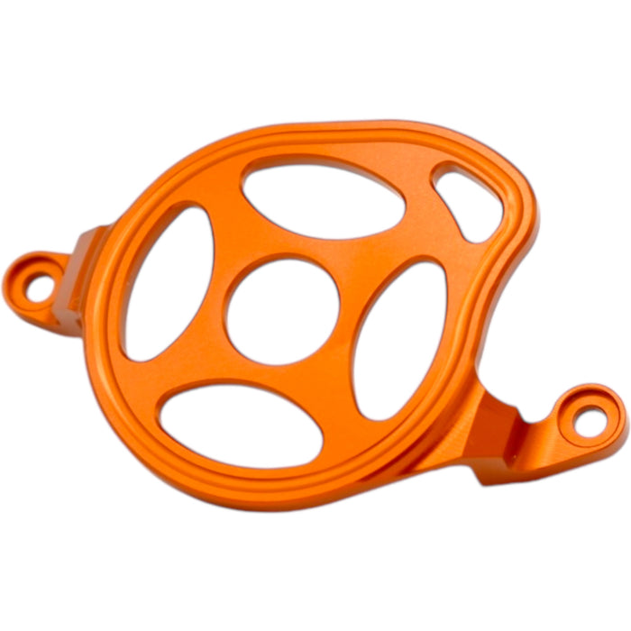 Orange anodized metal bicycle chain guide with mounting holes on white background.