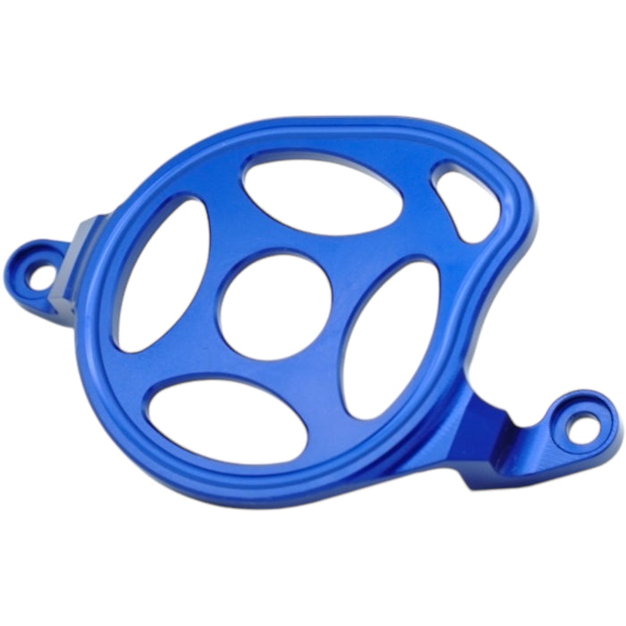 Blue anodized metal bicycle chain guide with mounting holes on white background.