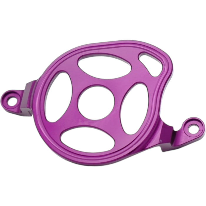 Purple anodized metal bicycle chain guide with mounting holes on white background.