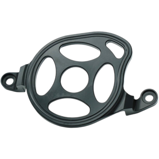 Black circular motorcycle part with cutouts and two mounting holes