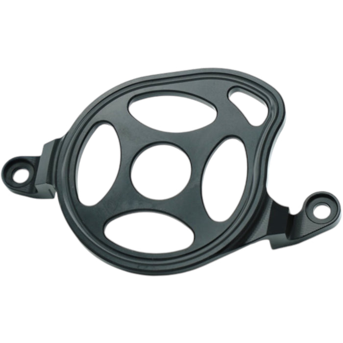 Black circular motorcycle part with cutouts and two mounting holes