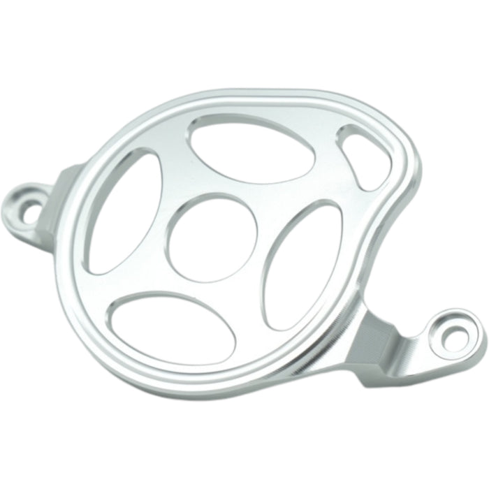 Silver anodized metal bicycle chain guide with mounting holes on white background.