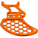 Orange CNC chain guide with honeycomb cutouts and mounting holes