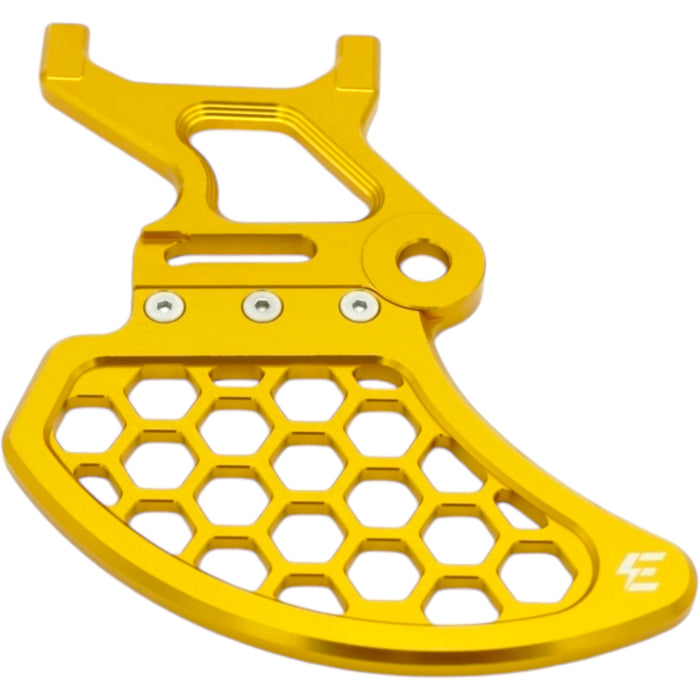 Gold anodized CNC chain guide with honeycomb cutouts and mounting hole