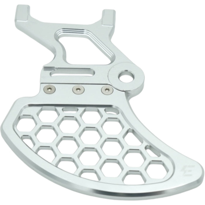 Silver anodized brake disc guard with honeycomb cutouts for Surron bike