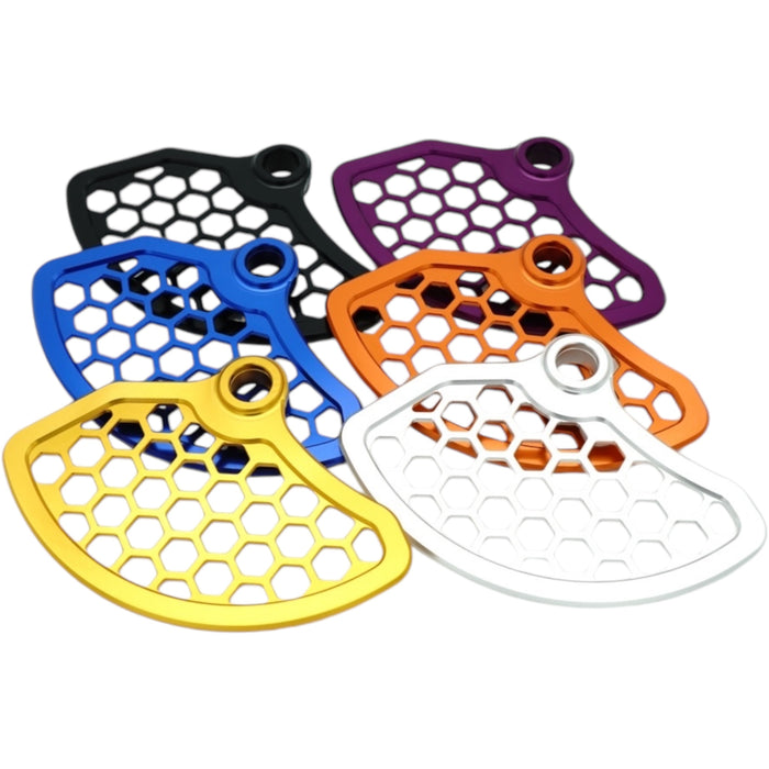 Anodized motorcycle brake disc guards in assorted colors (black, gold, blue)