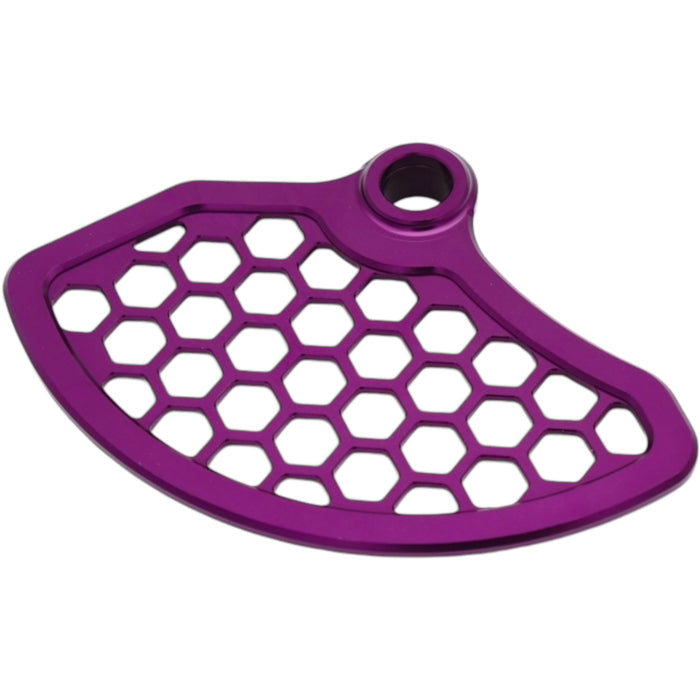 Purple anodized aluminum BMX chainring guard with honeycomb cutouts and mounting hole
